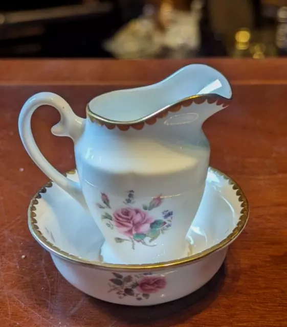 Vintage Coalport 'Birbeck Rose' Pink Roses Miniature Bone China Jug & Bowl