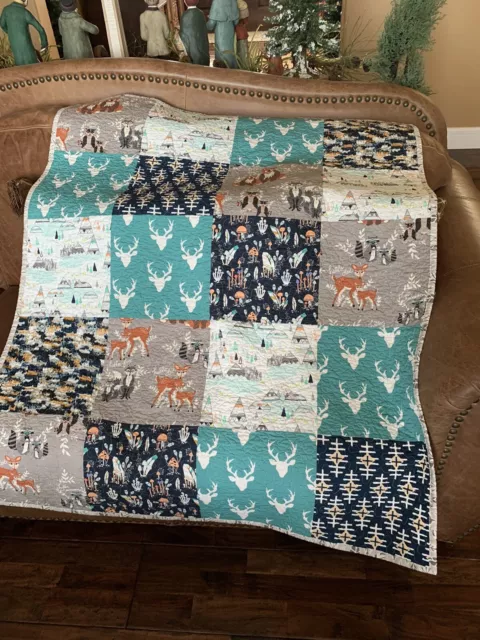 Woodland Baby Junge Krippe Quilt Patchwork Hirsch Buck - handgefertigt in EUC