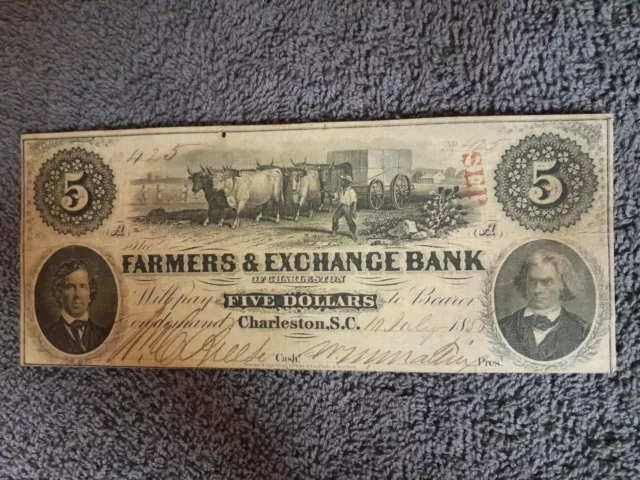 1856 $5 Charleston South Carolina Farmers and Exchange BankNote Great Condition