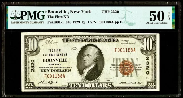 1929 New York The First National Bank Of Boonville $10 PMG AU50 EPQ Top Pop!