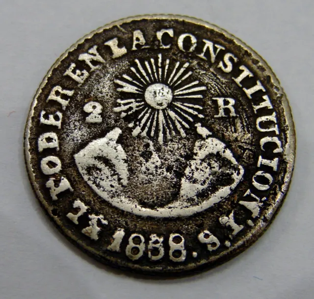 Ecuador 1838 ST - Silver 2 Reales - Cont. Ctrft. - Ex Marin, Seppa - 24mm, 6g