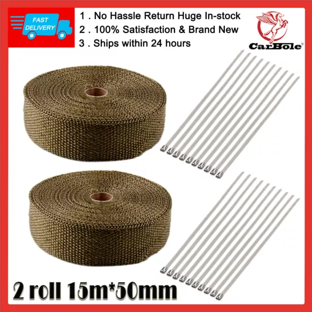 2 Roll 15M*5cm Titanium Lava Rock Exhaust Header Pipe Heat Wrap Tape +20Ties Kit