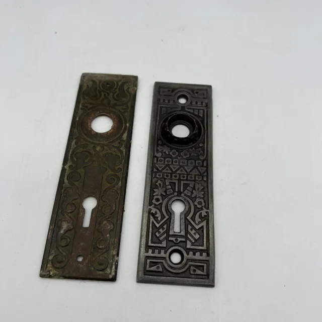 Two Antique Vintage Door Plates One Steel One Brass with Key Holes