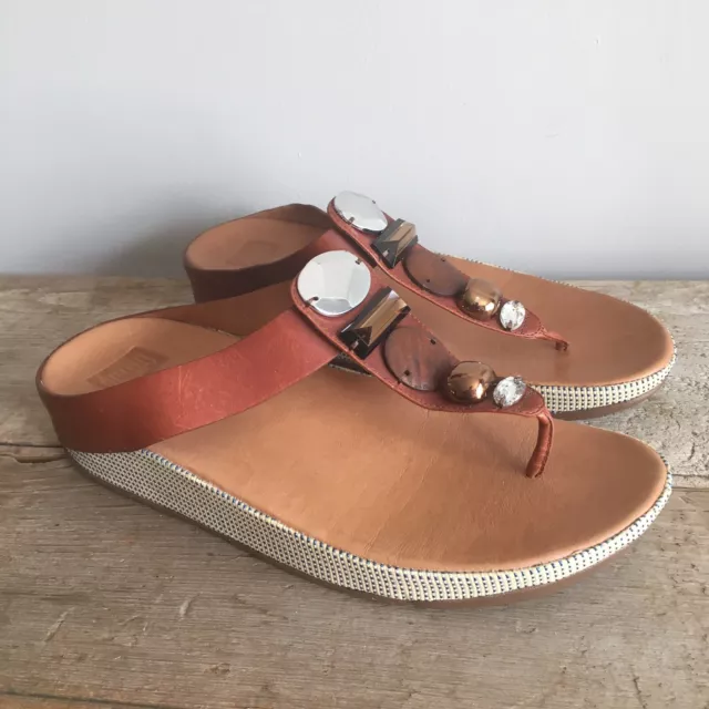 Fitflop Shoes Women’s 10 Brown Leather Jeweled Toe Thong Microwobbleboard Sandal