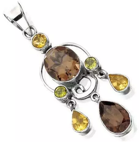 Brand New Sterling Silver Smokey Quartz Crystal Citrine and Peridot Pendant