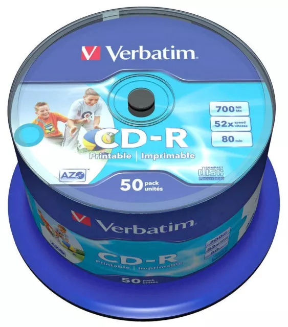 50 Genuine Verbatim Blank CD-R White CD Printable 700MB 52x 80Mins 43438 Spindle