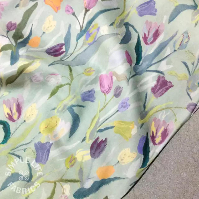 Cotton Lawn dress fabric, Tulip Meadow, Green - Per half metre