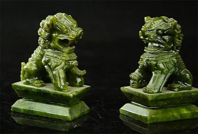 Rare A pair of 100% China natural green jade hand-carved statues fo lion Z89166