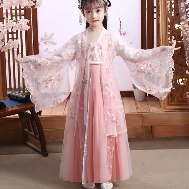 Cinese Bambino Bambina Abito Hanfu Rete Ricamo Ttang Completo Antico