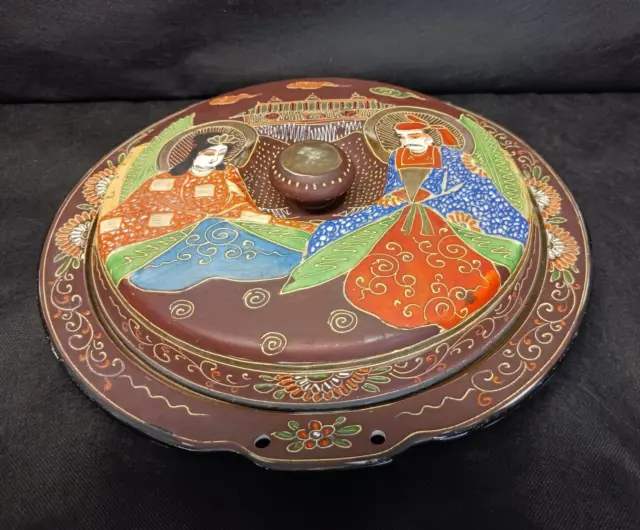 Satsuma Japan Hand Painted Immortals Moriage Moriyama 11" Covered Bowl Dish Vtg