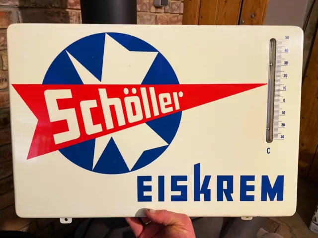 Schöller Eiskrem - Seltenes antikes Reklameschild Metall / Thermometer um 1950