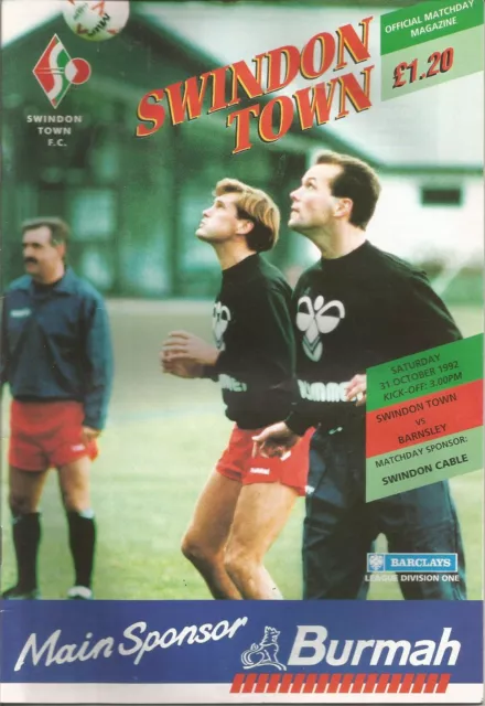 Swindon Town v Barnsley - Div 1 - 31/10/1992 - Football Programme