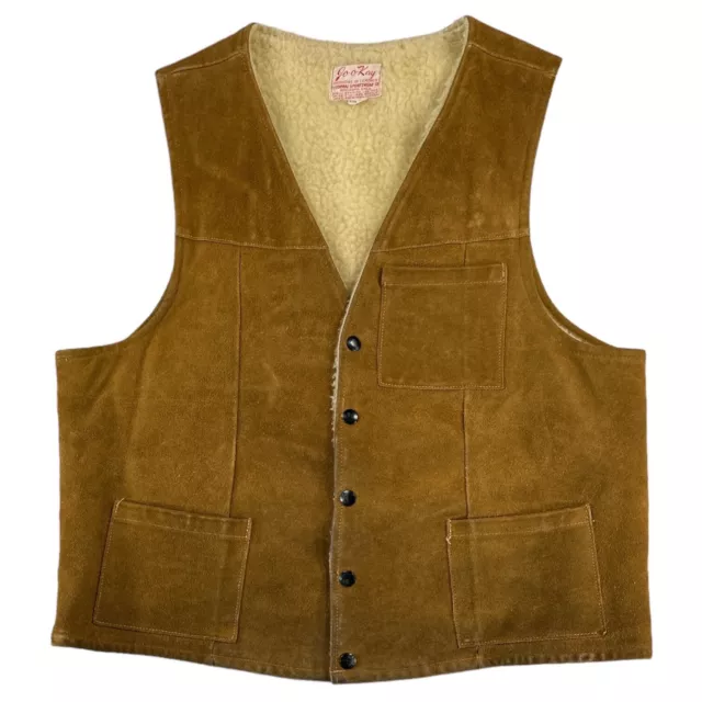 Vintage Joo Kay Western Leather Vest Sherpa Lined Mens Size 44 Corral 60s USA