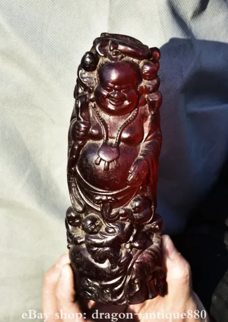 7" Rare Old China Red Amber Carving Feng Shui Maitreya Buddha Tongzi Statue