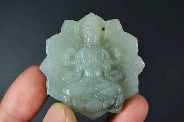 Chinese Natural Jade Hand-Carved *Lotus flower Guanyin* Pendant A7
