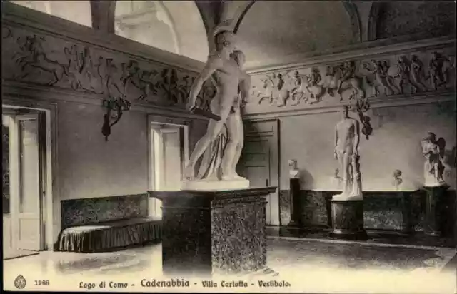 Cadenabbia Lago di Como vecchia cartolina ~1910/20 Villa Carlotta Vestibolo statue