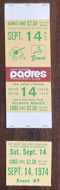 9/14/1974 Padres v Braves Ticket Stub - Hank Aaron HR 731 Home Run