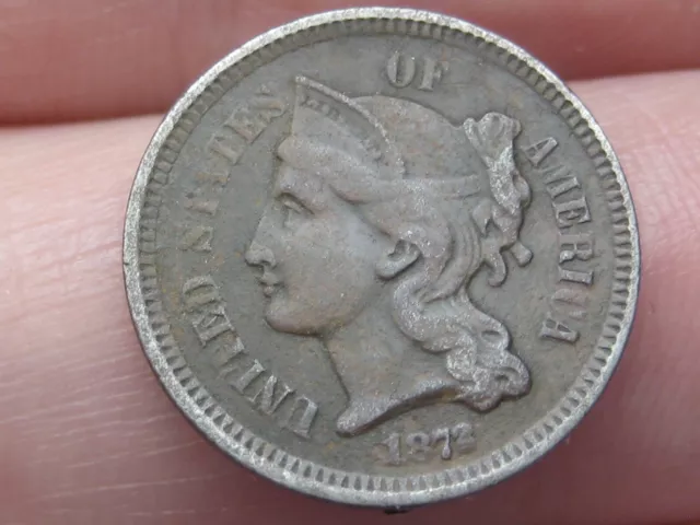 1872 Three 3 Cent Nickel- Dark, Fine Details