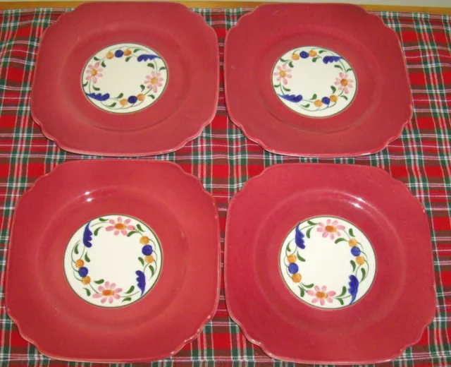 Vintage Syracuse China 8" Square Plates Maroon w/ Flowers ~ Set of 4 ~