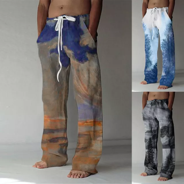 Mens Vintage Casual Printed Linen Pocket Lace Up Loose Beach Long Pants Trousers