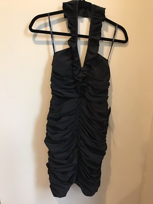 NWT Bebe Black Ruffle Halter Top Ruched Short Mini Party Dress size Small