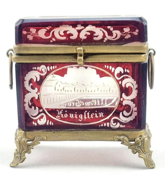 Biedermeier Überfang Glas Kästchen Dresden Bastei Königstein Schmuck Kasten (81)