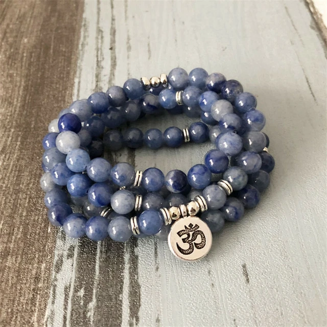 8MM 108 Blue jade Buddha beads Lotus Pendant Bracelet energy yoga Reiki blessing