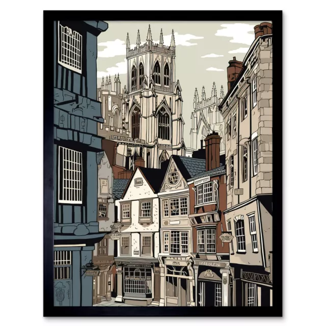 Shambles Street Cityscape with York Minster Towers Framed Wall Art Print 12x16