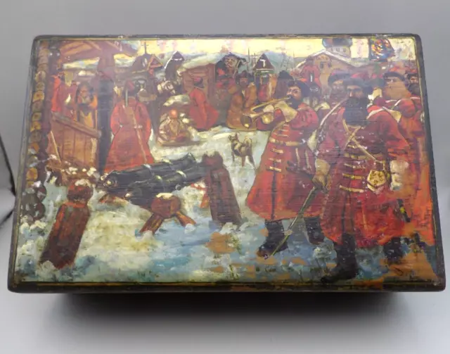 Vintage Russian Hand Painted wooden  Box .soldiers/military Early 1900s.