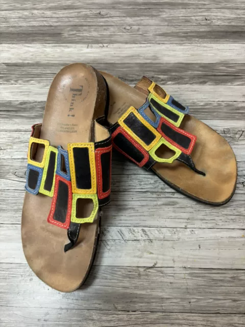 Think Sandals Size 40 US 9.5 Womens Leather Colorful Slip On T-Strap Slides Shoe