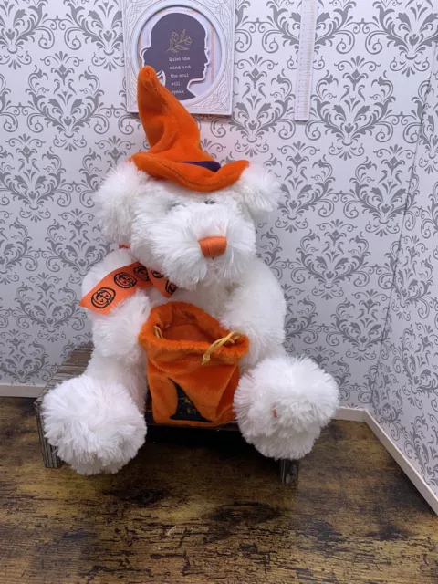 Animal Adventure White Teddy Bear Orange Witch Hat Bow Halloween 8” Plush