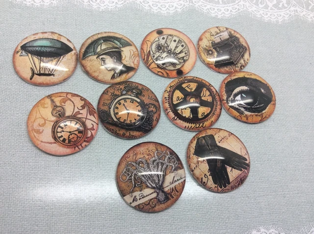 10 Victorian Steampunk Cabochons 16-25mm Mixed Round Glass Charm Dome Flat Back