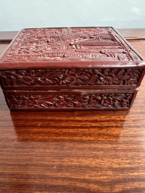 Antique 19th Century Chinese Hand Carved Wooden Lacquer Red Cinnabar Box 2