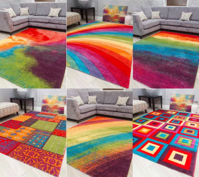 Funky Bright Rainbow Rugs Modern Multi Coloured Thick Runner Large Rug Cheap Mat