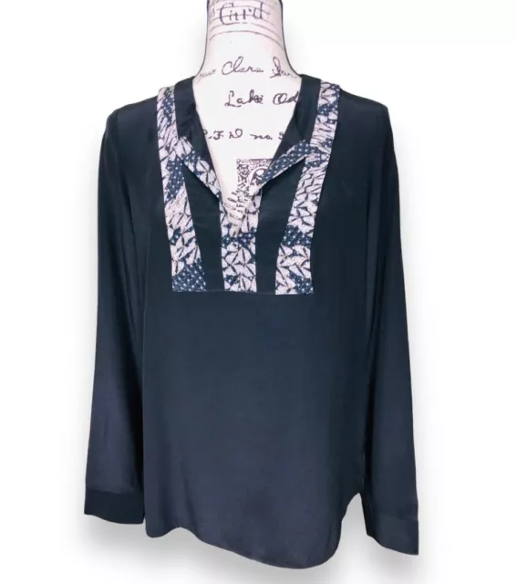 Diane von Furstenberg Winona Silk Blouse Size 8 Black Slit Neck Long Sleeve 2