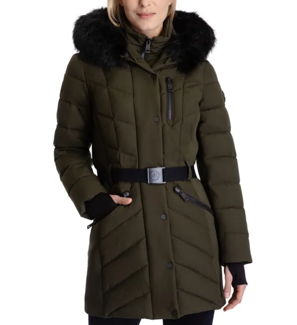 Michael Kors Women's Belted Faux-Fur-Trim Hooded Puffer Coat