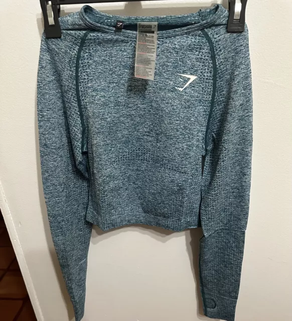NWT GYMSHARK GEO Ombre Seamless Long Sleeved Crop Top Teal Small