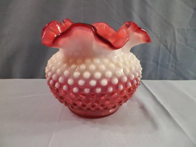 Fenton Cranberry Opalescent Hobnail Glass Large Rose Bowl Vase 5 1/4" Tall