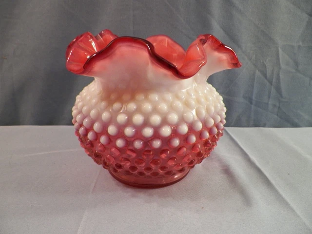 Fenton Cranberry Opalescent Hobnail Glass Large Rose Bowl Vase 5 1/4" Tall