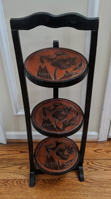 Vintage 3-Tier Solid Wood Round Carved Folding Table Pie Stand Plant Shelf