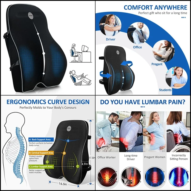 Lumbar Support Pillow Car Home Office Set Foam Cushion Back Chair Breathable...