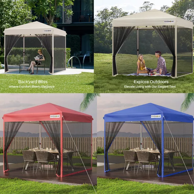 8x8ft Easy Pop-Up Canopy Outdoor Screen Tent w/ Net, 2 Zipper Doors, Roller Bag