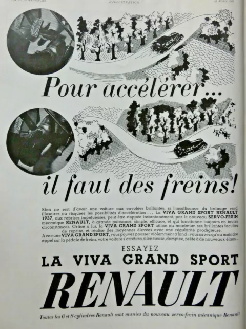 Publicité De Presse 1937 La Viva Grand Sport Renault 6 Et 8 Cylindres