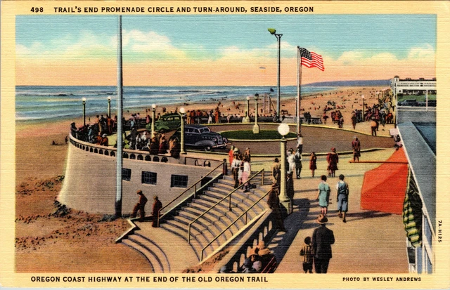 Seaside Oregon Trails End Promenade Circle & Turn Around Linen Postcard