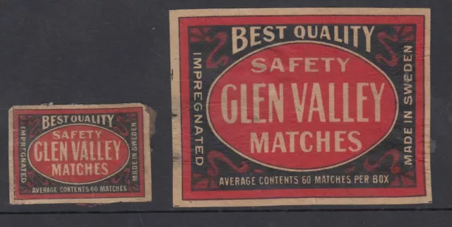 2 Old Glen Valley Matchbox Labels pack & box sizes Sweden for Australian Market