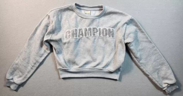 Champion Crop Top Sweater Teen Womens Medium Gray Logo Reverse Weave