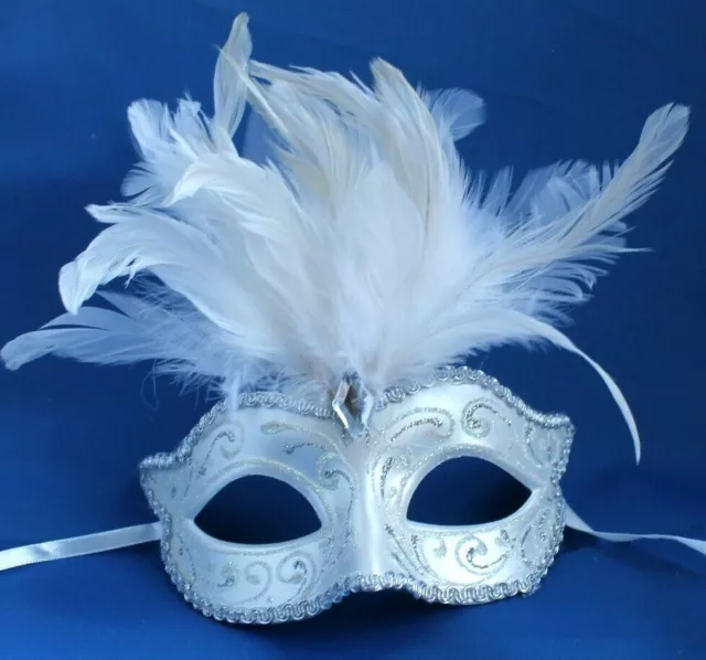 Damen Silber & Weisse Feder Venezianische Maskerade Ball Karneval Party Augenmaske 3