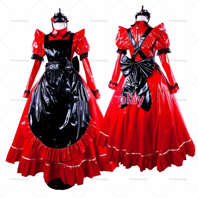 ADULT SEXY CROSS dressing sissy maid long red thin Pvc Dress Lockable ...