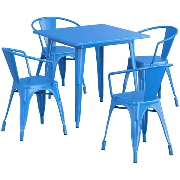 31.5'' Square Blue Metal Restaurant Table Set with 4 Armchairs For Outdoor Use