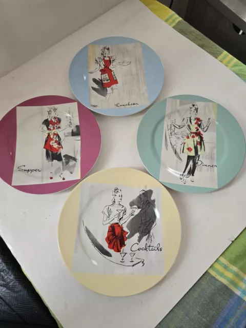 Vintage Rosanna 8 in. plates Set of 4 1950s looking scenes of dinner supper...